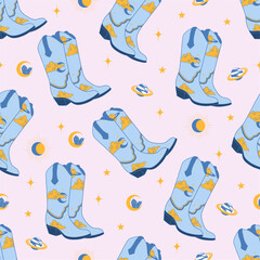 Seamless pattern with cowboy boots, planet, moon and sun, stars. Western and wild west theme. Hand drawn vector illustration
