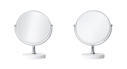 Two round, white vanity mirrors on stands.  Simple, modern design