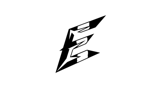 Stylized black letter E with sharp angular lines and dynamic cutouts.