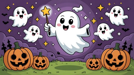 Obraz premium Whimsical Halloween night with ghosts pumpkins and moon
