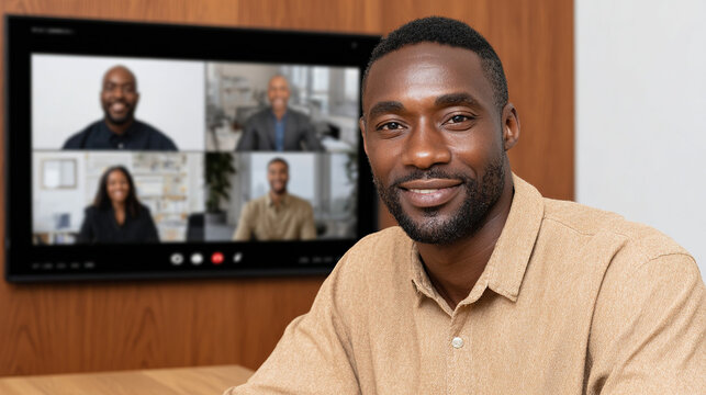 Black man smiles during a video conference with his team, celebrating remote work.