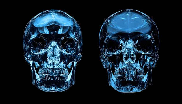 Two skulls are shown in blue. The left skull is larger than the right. The right skull has a small hole in the middle