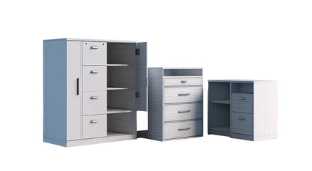 Three light gray storage units, a tall wardrobe, a chest of drawers, and a smaller cabinet.  Each piece features multiple drawers and shelves.  A simple, modern style