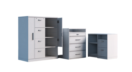 Three light gray storage units, a tall wardrobe, a chest of drawers, and a smaller cabinet.  Each piece features multiple drawers and shelves.  A simple, modern style