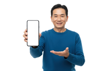 An adult person in professional-casual attire confidently presenting a black smartphone with a blank white screen against a transparent studio background with copy space, concept of digital