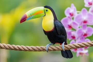 Fototapeta premium Keel-billed toucan perching on rope with orchids in background