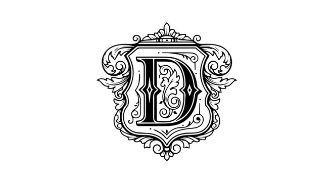 Vintage Letter D Monogram in an Ornate Shield with Baroque Floral Scrolls and Flourishes.