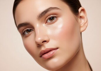 Fototapeta premium Woman face portrait close up with glowing clear skin and natural makeup on beige background