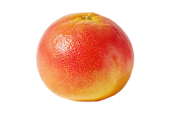 Close-up of a vibrant pink grapefruit.  A round fruit with a smooth, slightly bumpy, pinkish-red skin transitioning to a pale yellow at the bottom.  A small stem is visible
