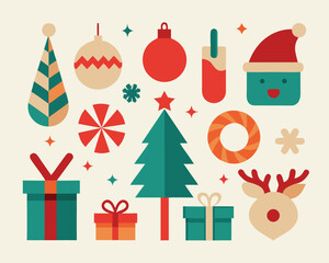Vector art of christmas flat design icons set with tree and gifts