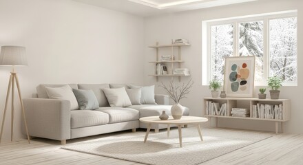 Cozy Minimalist Living Room with Sofa and Winter Snowy Window View, Bright Home Interior