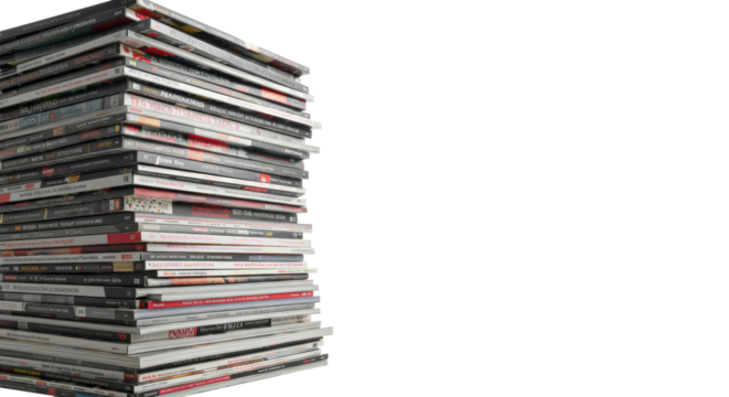 Large, artfully arranged, cascading stack of diverse, colorful, fanned magazines with abstract covers, on a transparent studio background, concept of information abundance