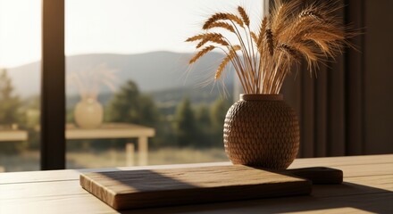 Rustic wooden cutting board and dried wheat in a vase on a table with a view of mountains at sunset