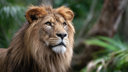 Obraz premium A majestic lion's gaze, captured in a stunning portrait with detailed fur and intense eyes.