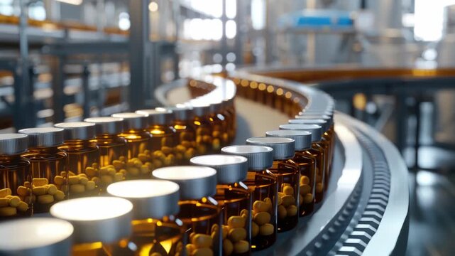 A busy industrial setting with a conveyor belt carrying various types of bottled liquids