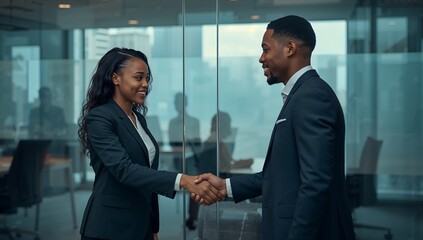 Happy colleagues shaking hands after meeting, corporate partnership and trust