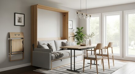 Fototapeta premium Bright Minimalist Studio Apartment Interior with a Sofa Bed, Dining Table, and Large Windows Overlooking Greenery