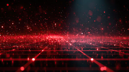 A dynamic abstract image with glowing red particles and a futuristic grid.