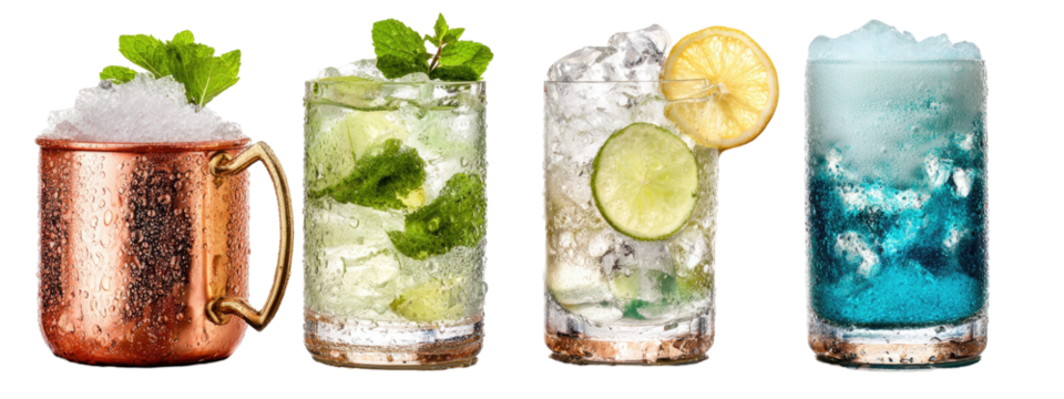 Three refreshing cocktails in various glasses, featuring mint, lime, and a vibrant blue drink