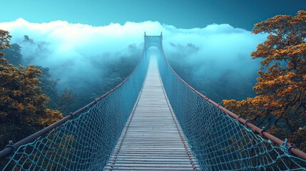 Obraz premium Misty Mountain Bridge: A Journey Through the Clouds