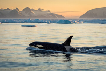 Obraz premium A majestic orca (killer whale) swims in the icy polar waters of Antarctica at sunset. A stunning wildlife scene with icebergs and snowy mountains. Generative Ai.