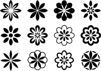 Twelve Stylish Black and White Floral Mandala Designs; Vector Icons