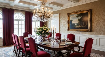 Luxurious classic dining room with a large wooden table, red upholstered chairs, and an ornate crystal chandelier, elegant home interior.