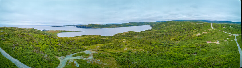 Aerial Panorama of Cr&eacute;maill&egrave;re Harbor near St. Anthony, Newfoundland.