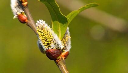 Spring branch with catkins and leaves