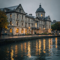 A historic building reflecting in the water on a rainy evening, showcasing urban architecture, travel destination, and the citys illuminated facade at dusk