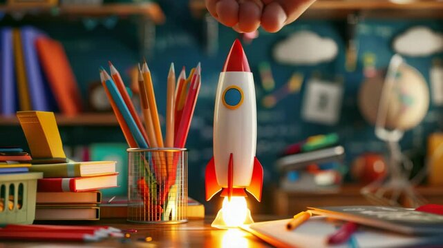 Classroom rocket launch, with toy space shuttle ready for lift-off on desk, surrounded by educational tools and supplies.