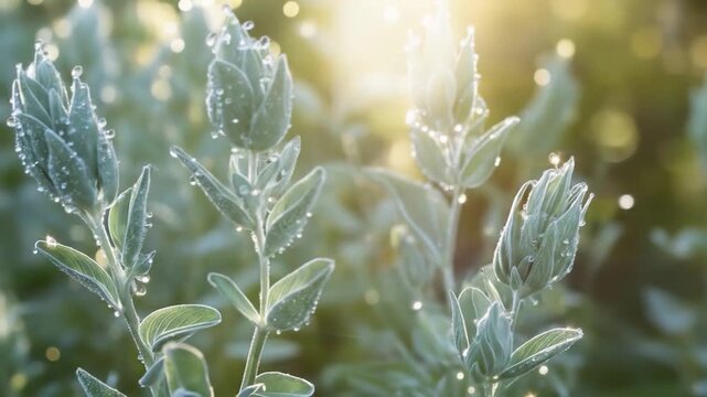 Dew-Kissed Buds: Morning Light on Silverleaf Plants in a Gentle Breeze
