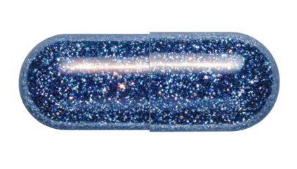 A dark blue, glittery capsule,  filled with tiny, reflective particles,  showing a light-colored line down the middle