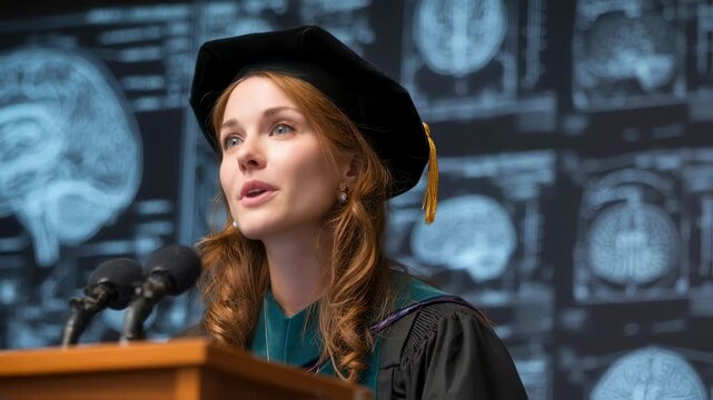 Graduate at a lecture podium explains complex brain diagrams with a proud expression highlighting the achievement of completing a rigorous medical dissertation defense.