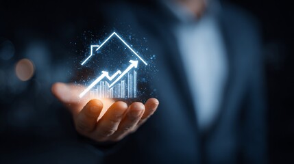 Glowing house & upward chart hologram, symbolizing investment success, held by a hand