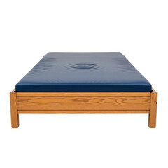 Wooden bed with navy blue mattress