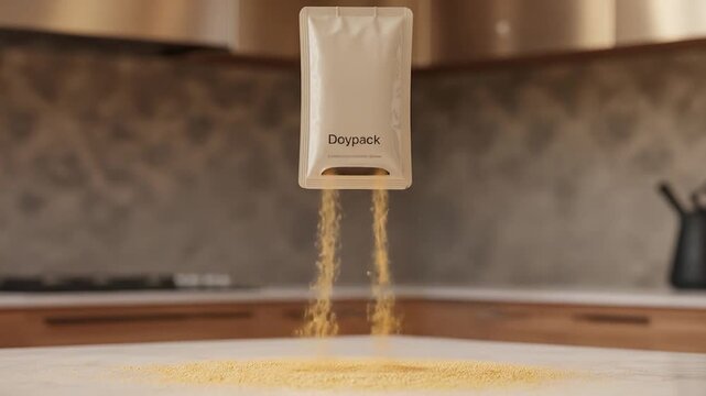 Doypack Pouch Pouring Yellow Powder onto Kitchen Counter in Slow Motion