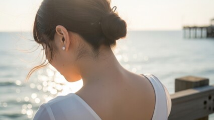 夕暮れの海辺に佇む女性のうなじと後ろ姿