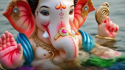 Image depicts a vibrant and intricately designed statue of the Hindu deity Ganesha partially submerged in water, likely during a traditional immersion ceremony. The statue features a large, ornate hea - Powered by Adobe