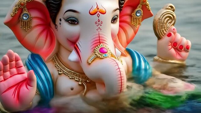 Image depicts a vibrant and intricately designed statue of the Hindu deity Ganesha partially submerged in water, likely during a traditional immersion ceremony. The statue features a large, ornate hea