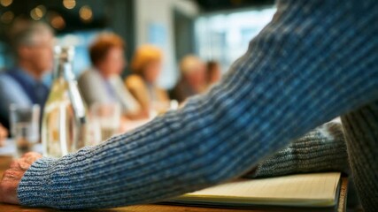 Medium shot of a journalist taking notes intently at a local newspaper editorial session with the surrounding meeting participants gently out of focus portraying concentrated group