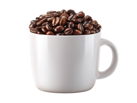 White cup filled with roasted coffee beans isolated on transparent background