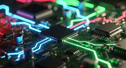  A macro view of a computer circuit board with glowing neon pathways of data in blue  green  and red  flowing between microchips
