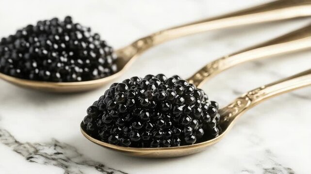 The  features three gold spoons with black caviar pearls, a delicacy and symbol of luxury often served at upscale restaurants.
