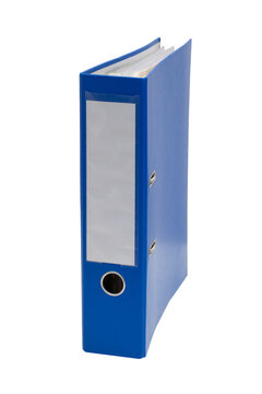 A blue three-ring binder, viewed at a slight angle, stands on a clean white background. Its empty label and visible pages suggest readiness for organization and documentation.