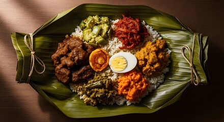 Delicious sri lankan lamprais dish with rice meat and vegetables on banana leaf traditional cuisine meal 100