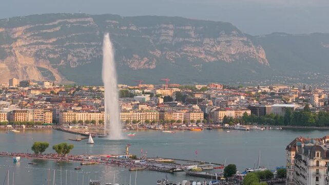 Aerial View of Geneva showcases the iconic Jet dEau and stunning waterfront scenery