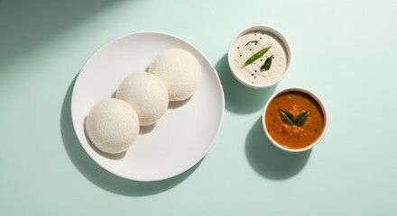 Delicious south indian idli with sambar and coconut chutney a healthy and tasty breakfast meal cuisine