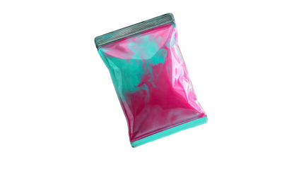 Sealed plastic bag filled with vibrant pink and teal dye