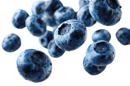 Close-up of blueberries in motion, a vibrant display of fresh, ripe berries against a black background.  A high-resolution image showing the texture and detail of the fruit